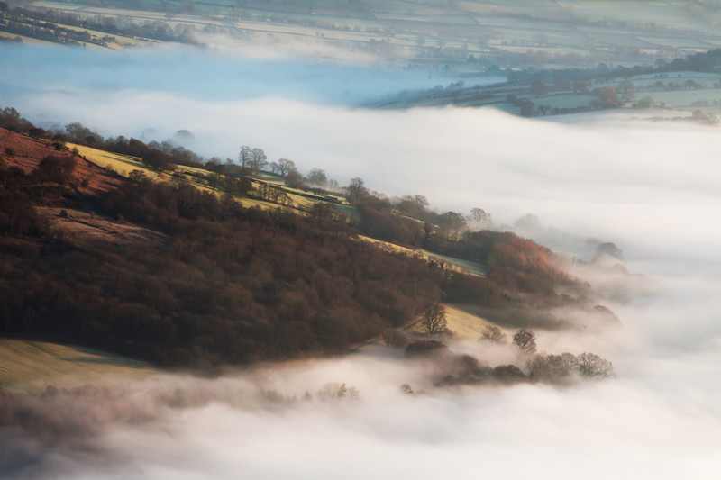 Morning mist in the Usk valley, Wales.
