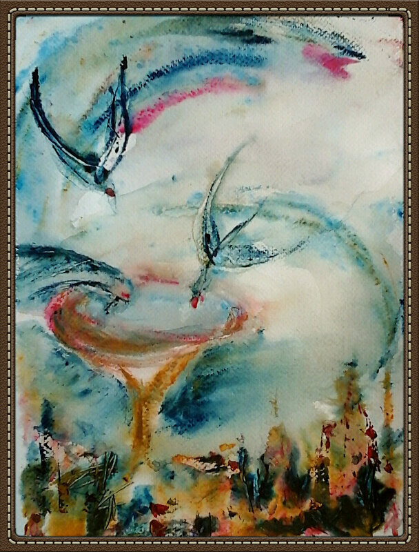 L  8   Swooping birds at a birdbath - Lockdown Paintings