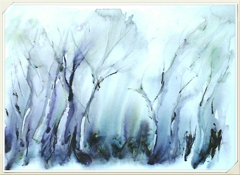 SM40  Trees at the edge of a wood in winter - Senior Moments - freehand watercolours