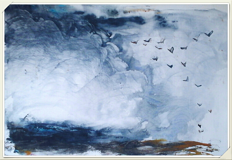 SM48 Birds wheeling before the onset of a storm - Senior Moments - freehand watercolours