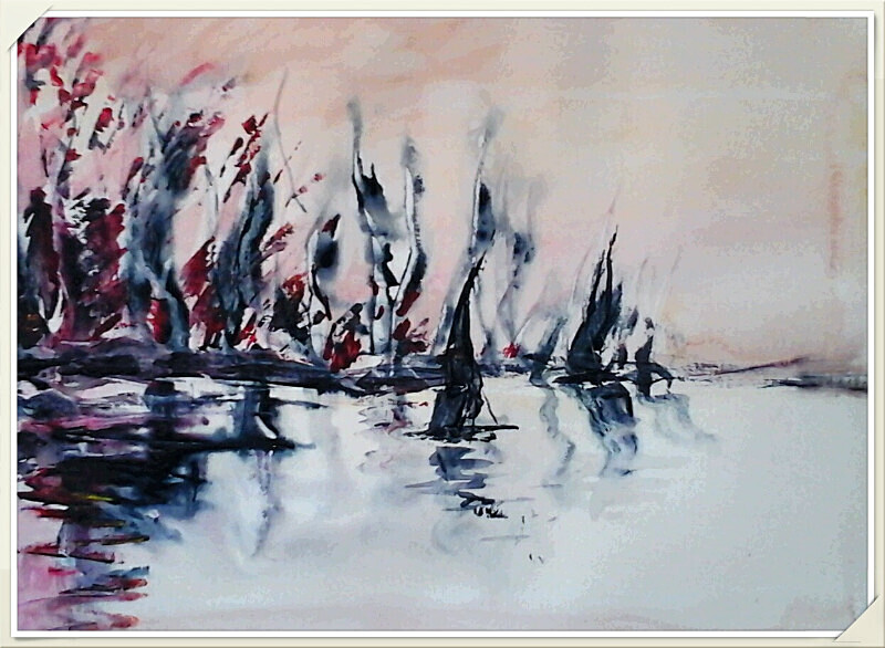 SM42  Dark blue and pale pink - Senior Moments - freehand watercolours