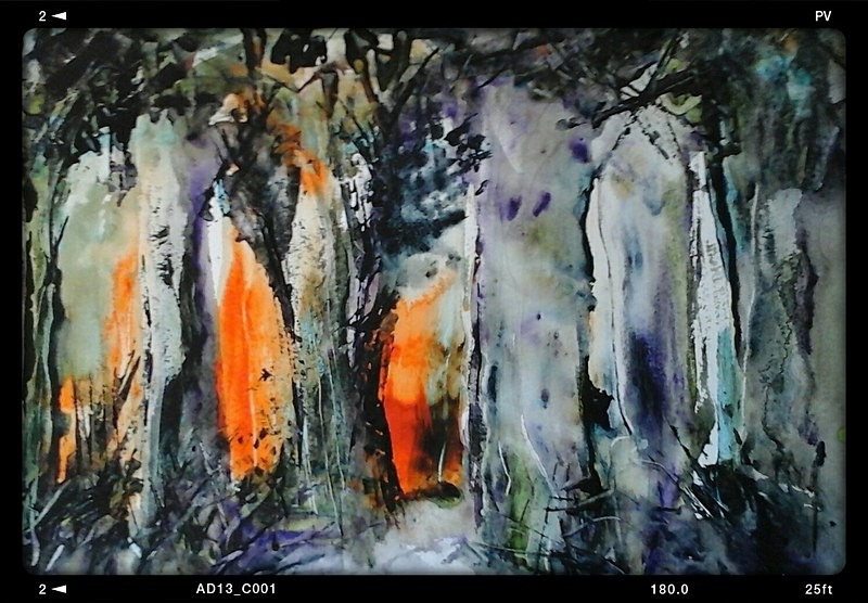 SM25  Grey trees against an orange sky - Senior Moments - freehand watercolours