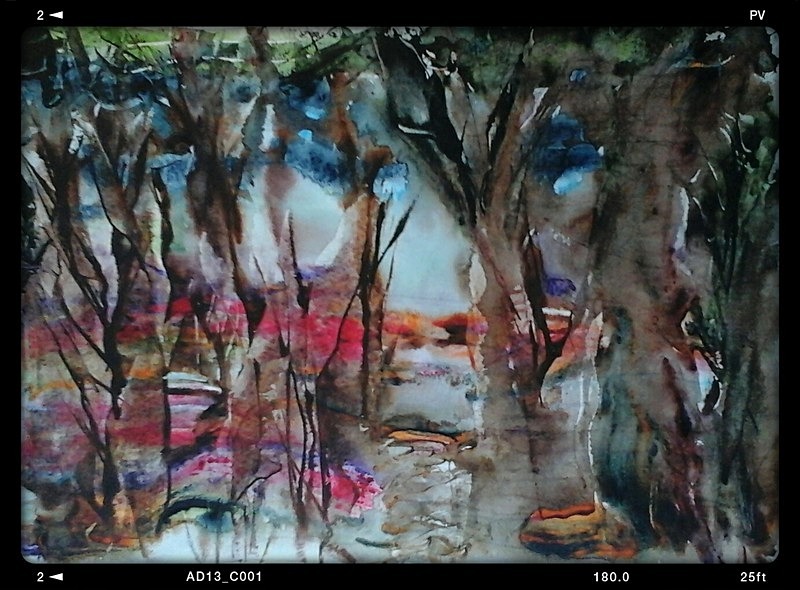 SM23   Brown trees against a red landscape - Senior Moments - freehand watercolours