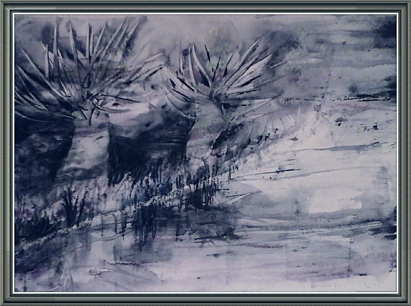 SM34  Frozen river bank, with pollarded willows - Senior Moments - freehand watercolours