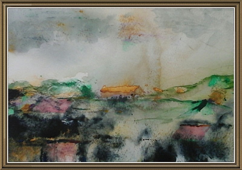 SM7  Landscape  with buildings - Senior Moments - freehand watercolours