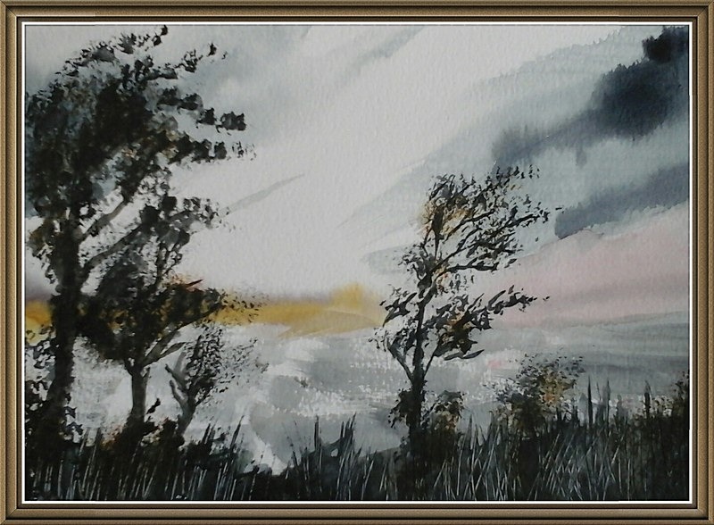 SM17    Silhouetted trees in the wind - Senior Moments - freehand watercolours