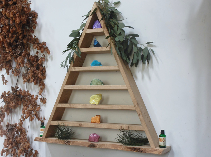 7 Chakra Crystal Triangle | Oak Crystal Triangle Shelf