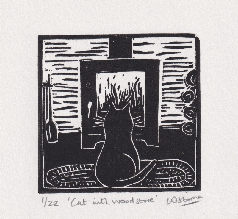 Cat with Woodstove - linocut - LINOCUTS