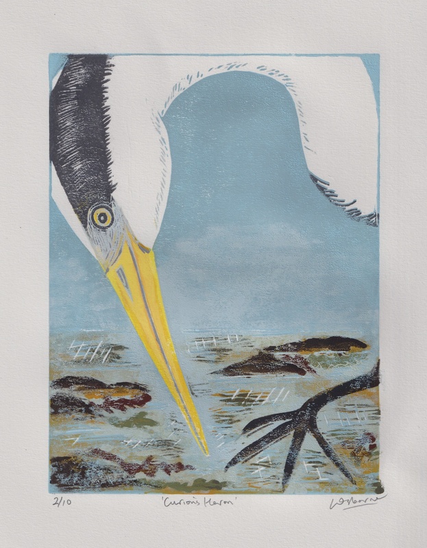 Curious Heron - linocut - LINOCUTS