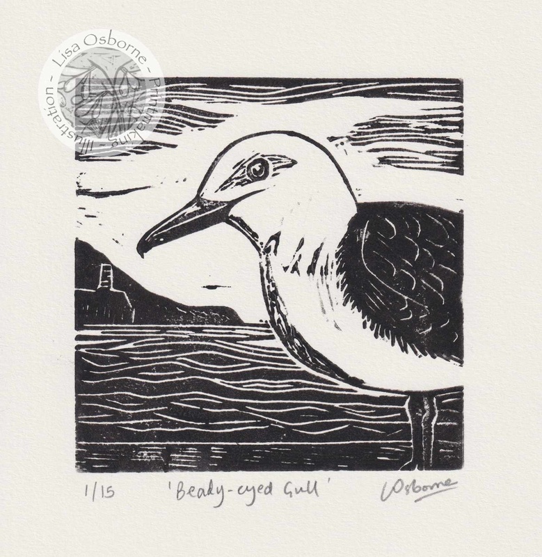 Beady-eyed Gull - linocut - LINOCUTS