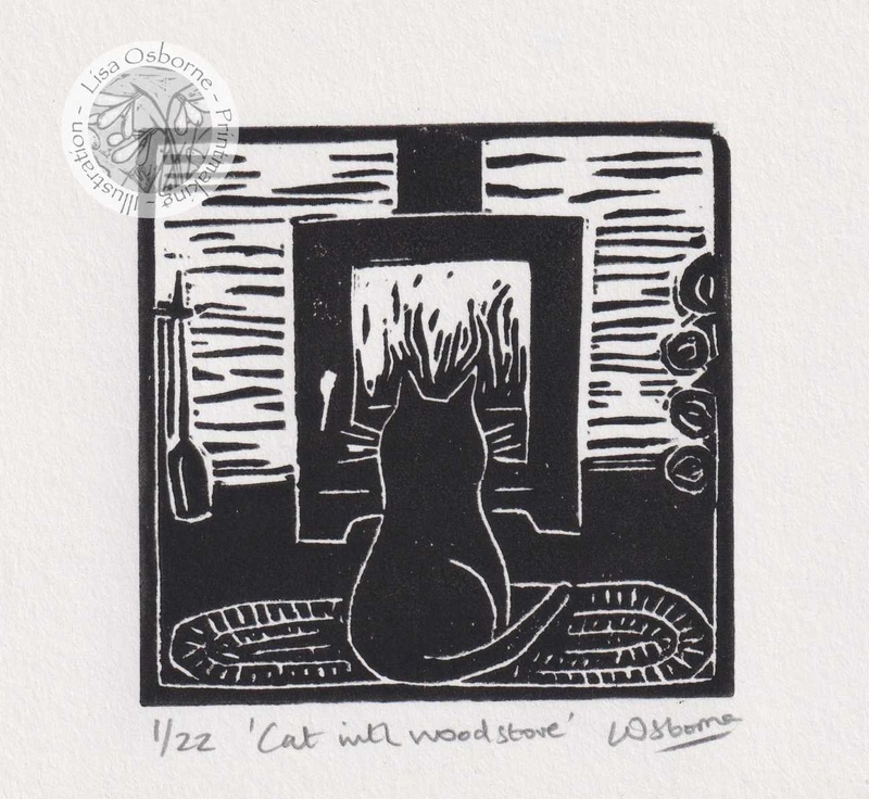 Cat with Woodstove - linocut - LINOCUTS
