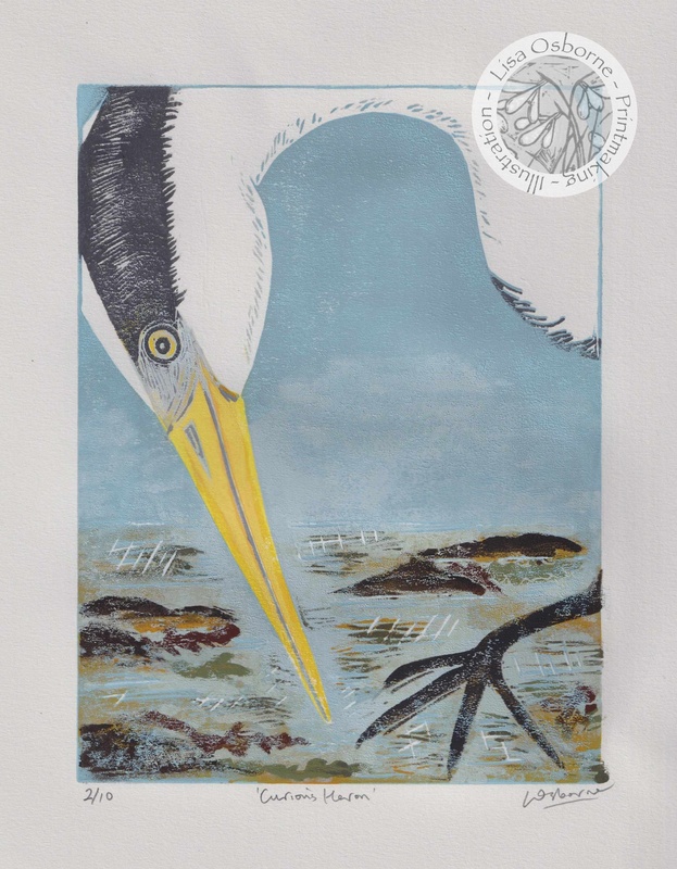 Curious Heron - linocut - LINOCUTS