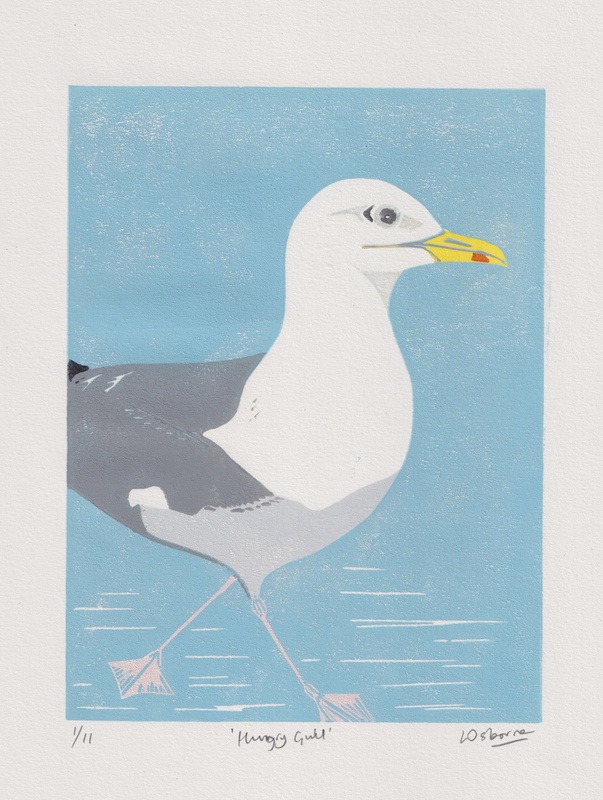 Hungry Gull - linocut - LINOCUTS