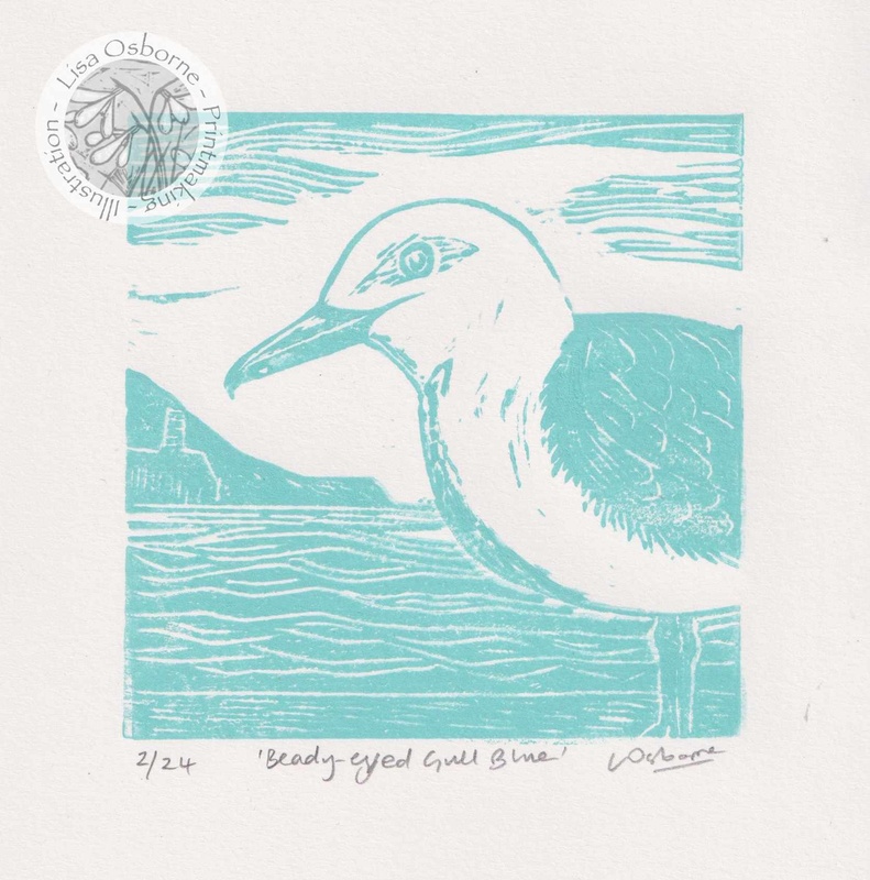 Beady-eyed Gull Blue - linocut - LINOCUTS