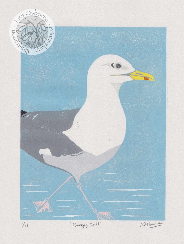 Hungry Gull - linocut - LINOCUTS