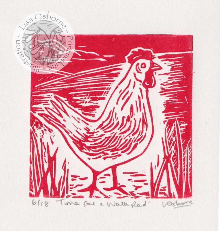 Time for a Walk Red - linocut - LINOCUTS