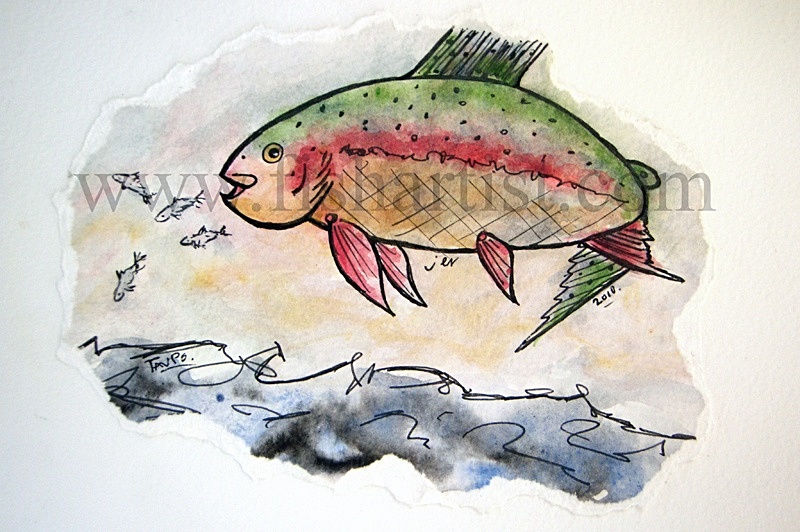 Taupo Trout Chasing Smelt Watercolour. - Watercolours of Taupo Trout.