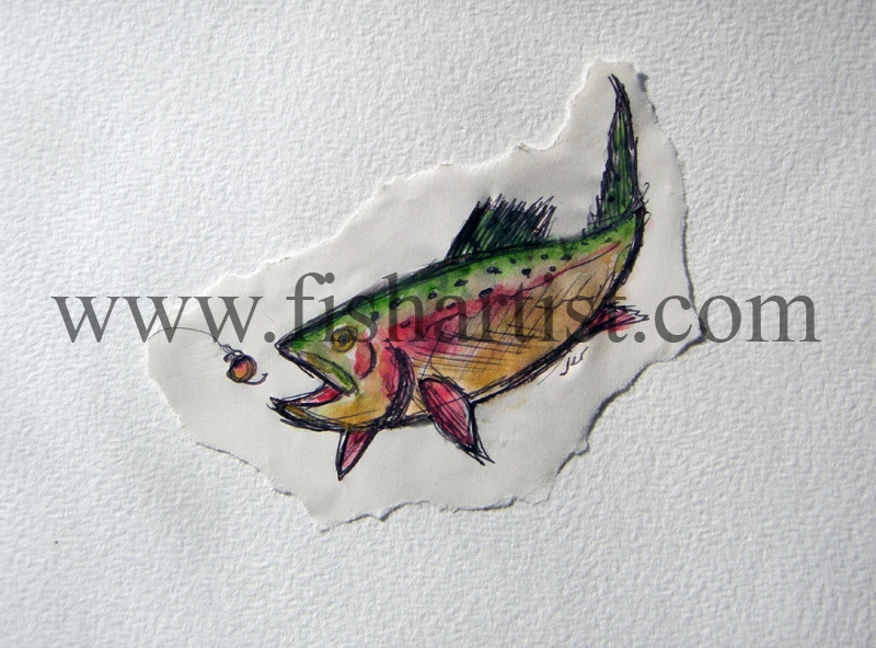Taupo Trout Chasing a Glo Bug Watercolour. - Watercolours of Taupo Trout.