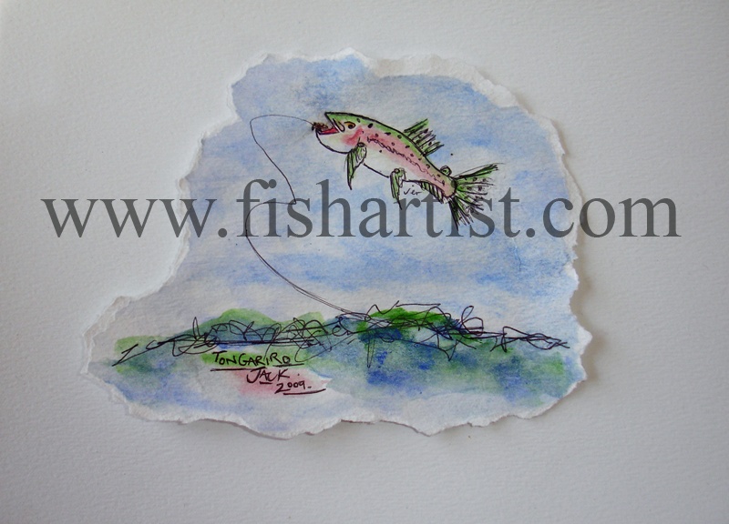 Leaping Taupo Jack Watercolour. - Watercolours of Taupo Trout.