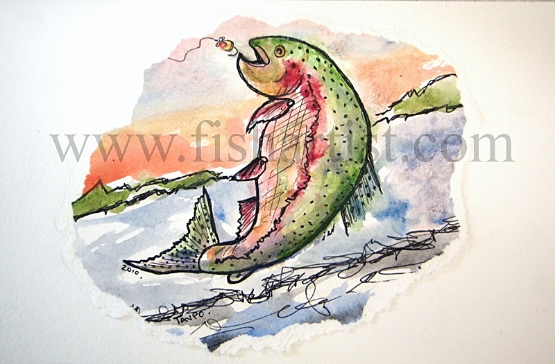 Waitahanui Rip Leaping Trout Watercolour. - Watercolours of Taupo Trout.