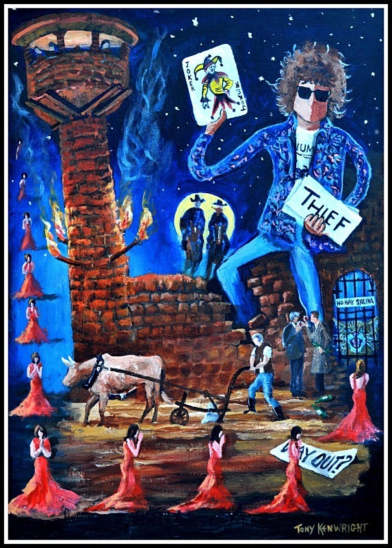 All Along The Watchtower  (Sold) 28'x20' Acrylic on canvas - Dylan portraits and paintings