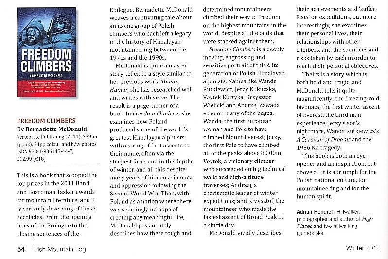 Freedom Climbers review - Irish Mountain Log - No.104 Winter 2012 - In the media