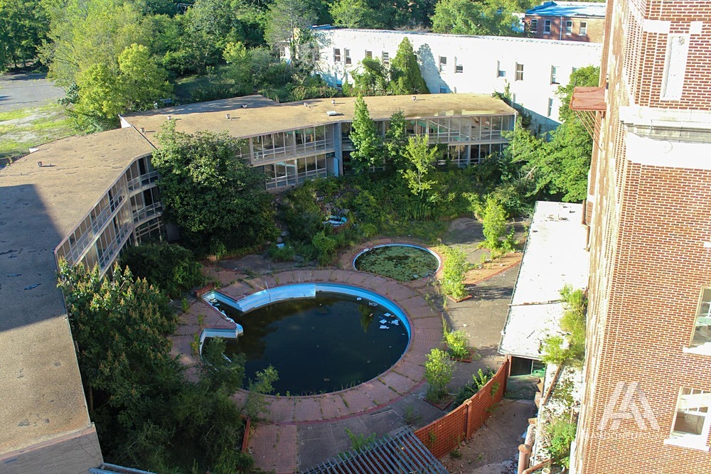 An overhead view of the pool at the Majestic Hotel