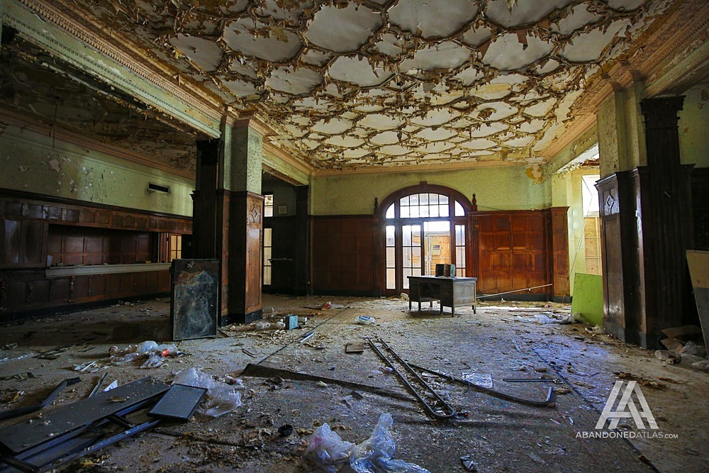 A darkened lobby in the abandoned Majestic Hotel