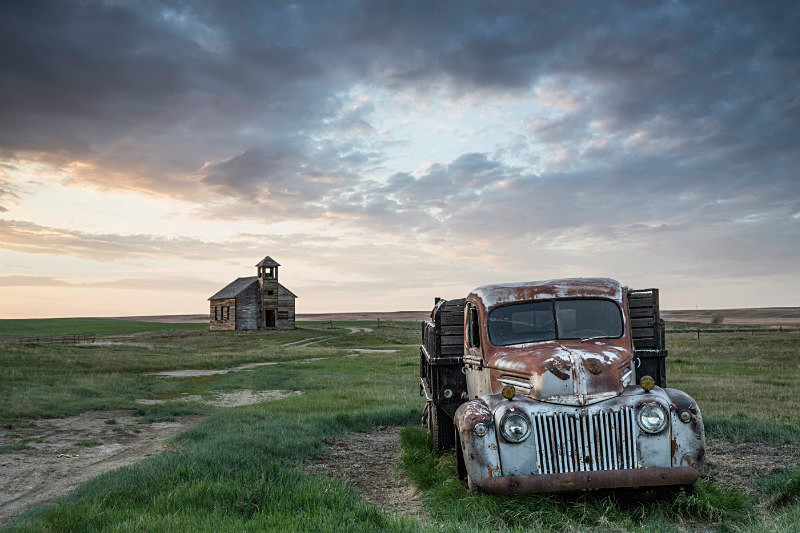 Truck and Cottonwood Church, Montana. - Abandoned America