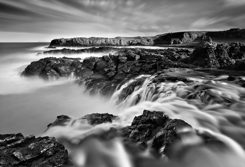 Dunseverick Sea Waterfall - Black & White