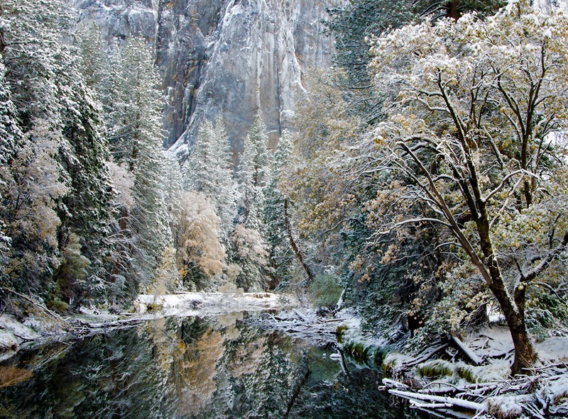 Merced River and Fall Snow - Mountains