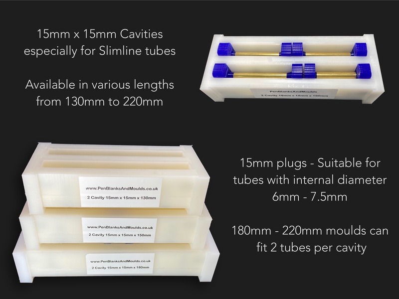 2 Cavity 15mmx15mm HDPE Pen Blank Casting Moulds availablle in various lengths from 130mm to 220mm long