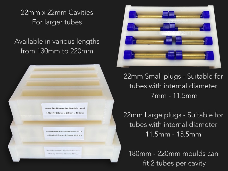4 Cavity 22mmx22mm Pen Blank Casting Moulds availablle in various lengths from 130mm to 220mm long