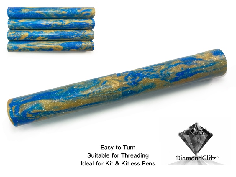 Bright Blue Gold Streaks DiamondGlitz Alumilite Resin/Acrylic Artisan Pen Blanks