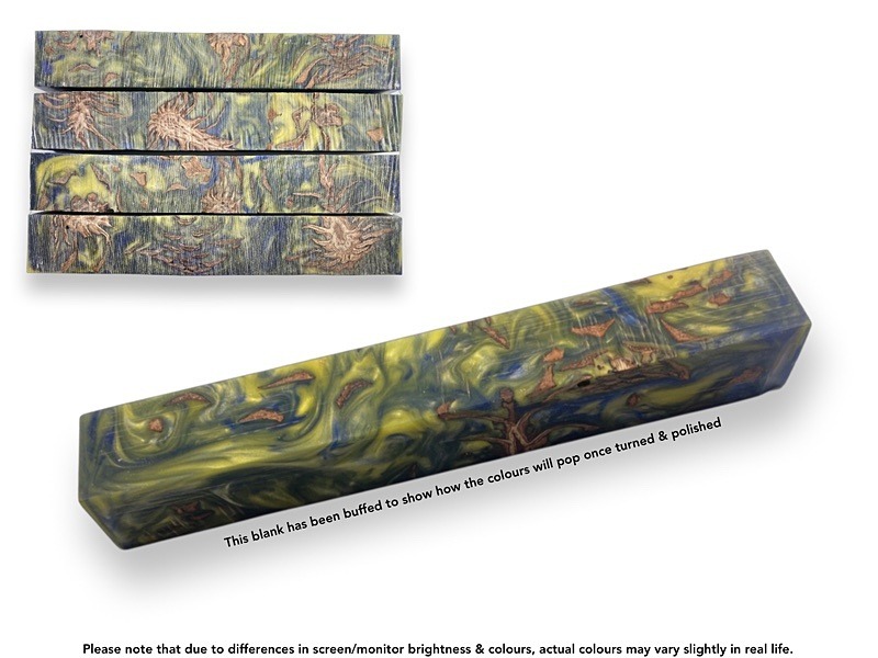 Hybrid Pen Blanks cast with epoxy resin, Stabilised Pine Cones and Blue and Yellow mica powder.