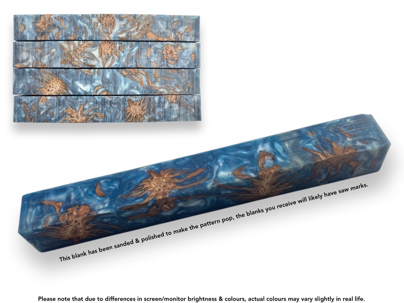 Hybrid Pen Blanks cast with epoxy resin, Stabilised Pine Cones and Blue and White mica powder.