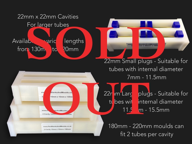 2 Cavity 22mmx22mm Pen Blank Casting Moulds availablle in various lengths from 130mm to 220mm long