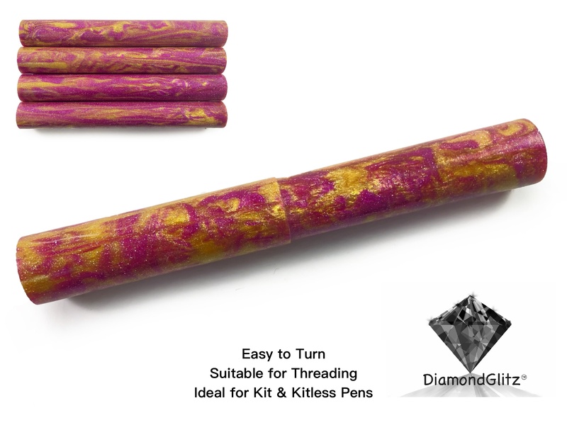 Fuchsia Gold Streaks DiamondGlitz Alumilite Resin/Acrylic Artisan Pen Blanks