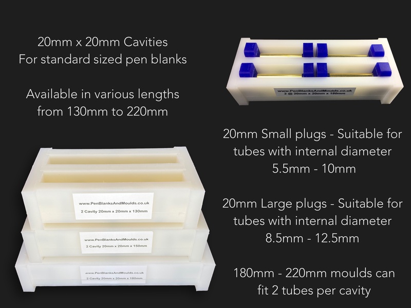 2 Cavity 20mmx20mm HDPE Pen Blank Casting Moulds availablle in various lengths from 130mm to 220mm long