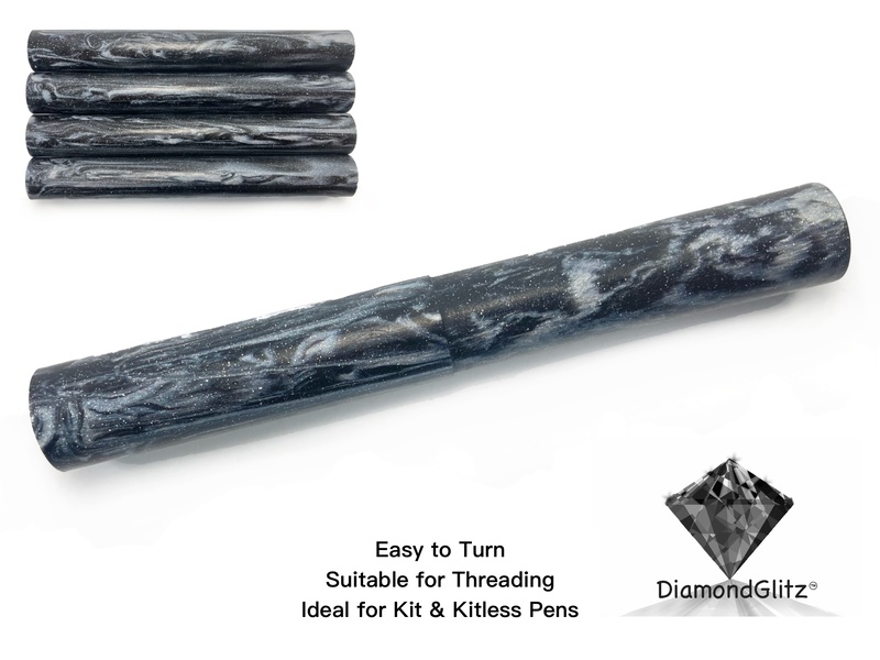 Jet Black Silver Streaks DiamondGlitz Alumilite Resin/Acrylic Artisan Pen Blanks