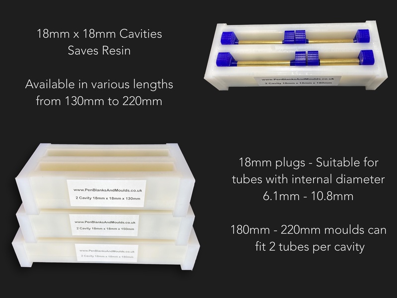 2 Cavity 18mmx18mm HDPE Pen Blank Casting Moulds availablle in various lengths from 130mm to 220mm long