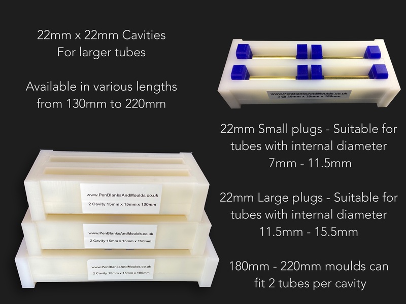 2 Cavity 22mmx22mm Pen Blank Casting Moulds availablle in various lengths from 130mm to 220mm long