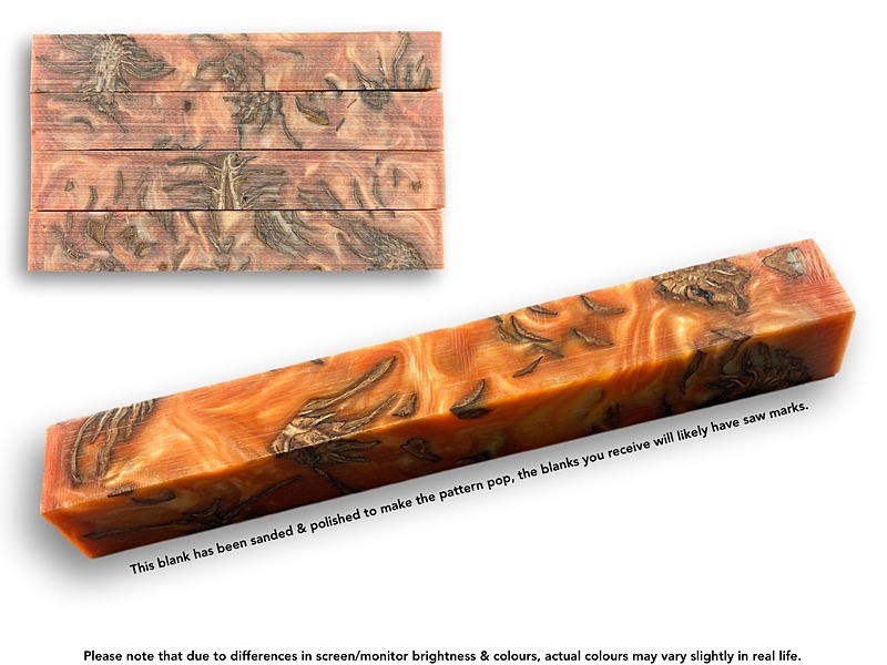 Hybrid Pen Blanks cast with epoxy resin, Stabilised Pine Cones and Orange and Cream mica powder.