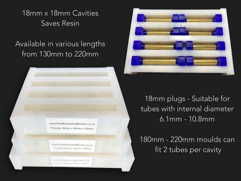 4 Cavity 18mmx18mm HDPE Pen Blank Casting Moulds availablle in various lengths from 130mm to 220mm long