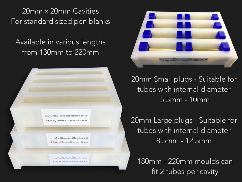 4 Cavity 20mmx20mm HDPE Pen Blank Casting Moulds availablle in various lengths from 130mm to 220mm long