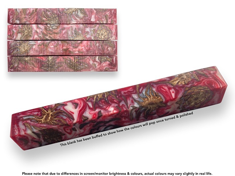 Hybrid Pen Blanks cast with epoxy resin, Stabilised Pine Cones and Red and White mica powder.