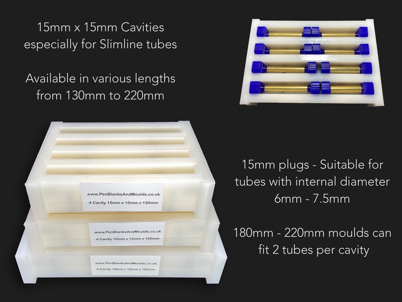 4 Cavity 15mmx15mm Pen Blank Casting Moulds availablle in various lengths from 130mm to 220mm long