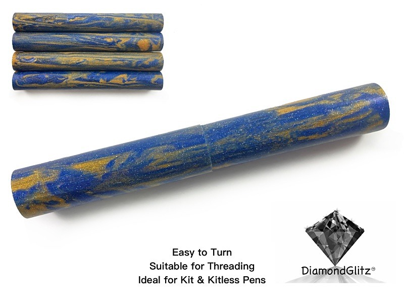 Sapphire Gold Streaks DiamondGlitz Alumilite Resin/Acrylic Artisan Pen Blanks