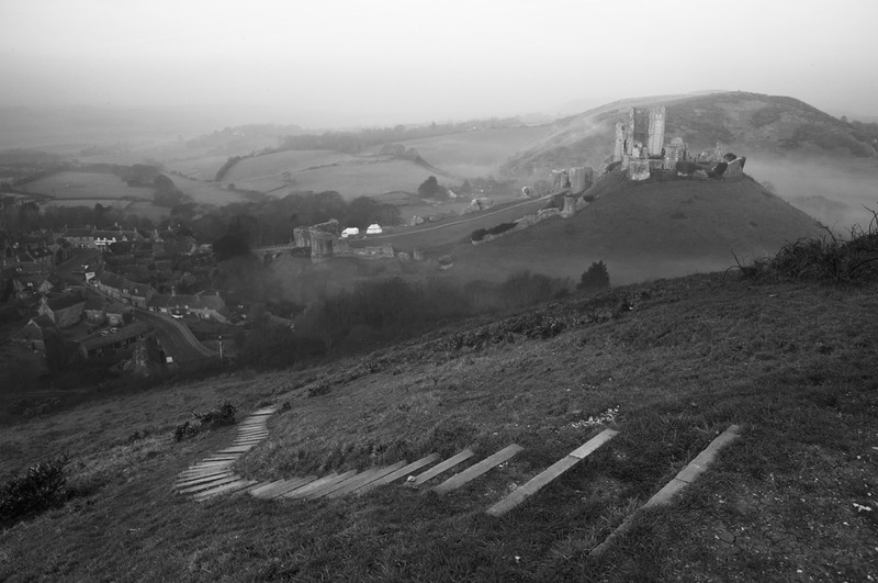 Corfe Castle on a Misty Morning - Black & White Scenic