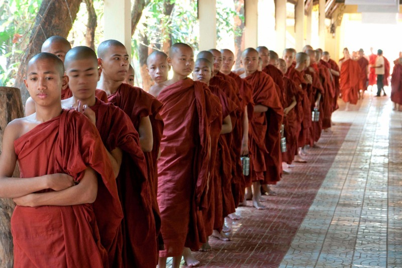 Monks queue for food, Rangoon